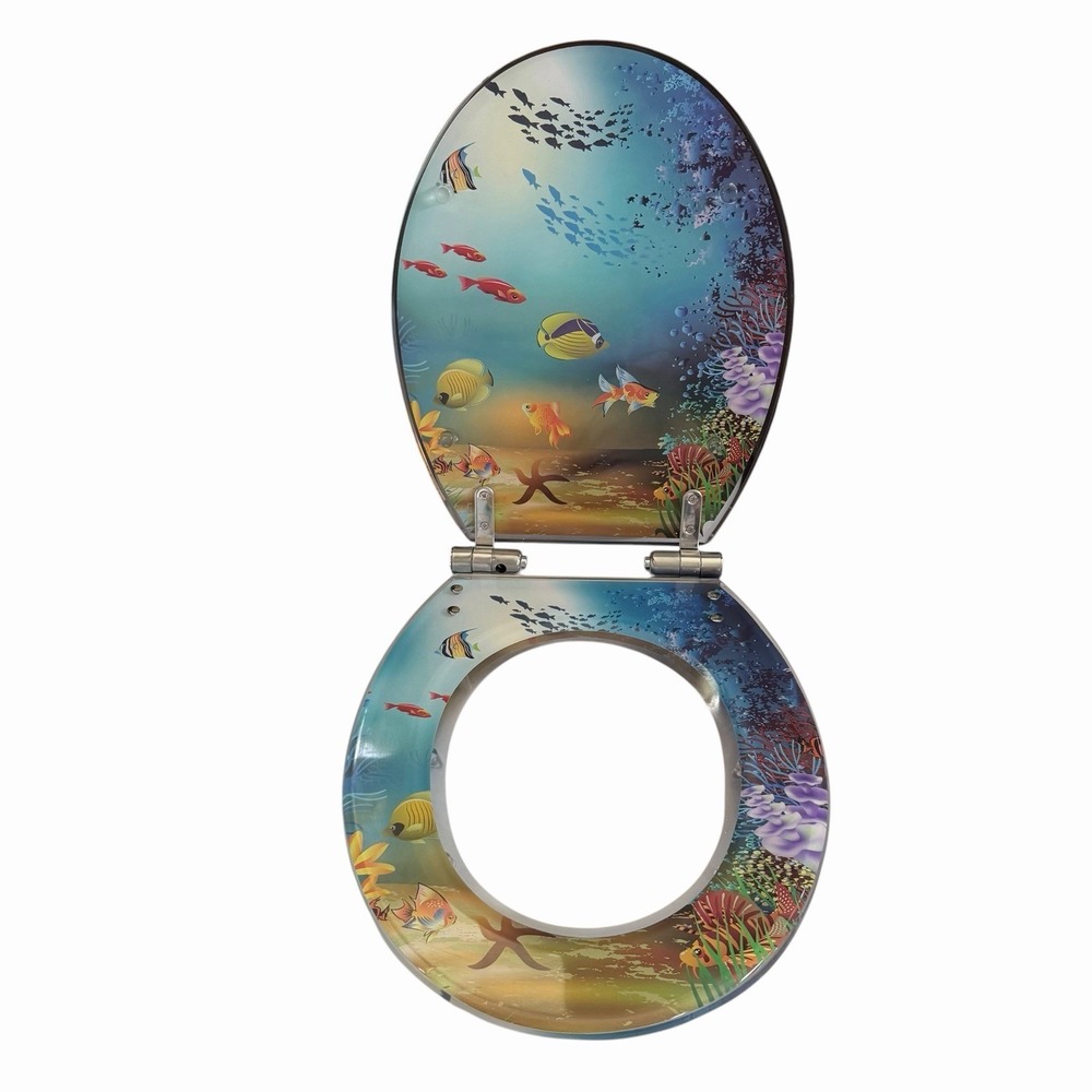 Elongated Ocean Resin Toilet Seat Metal Hinges Under The Sea Fish Life Bathroom